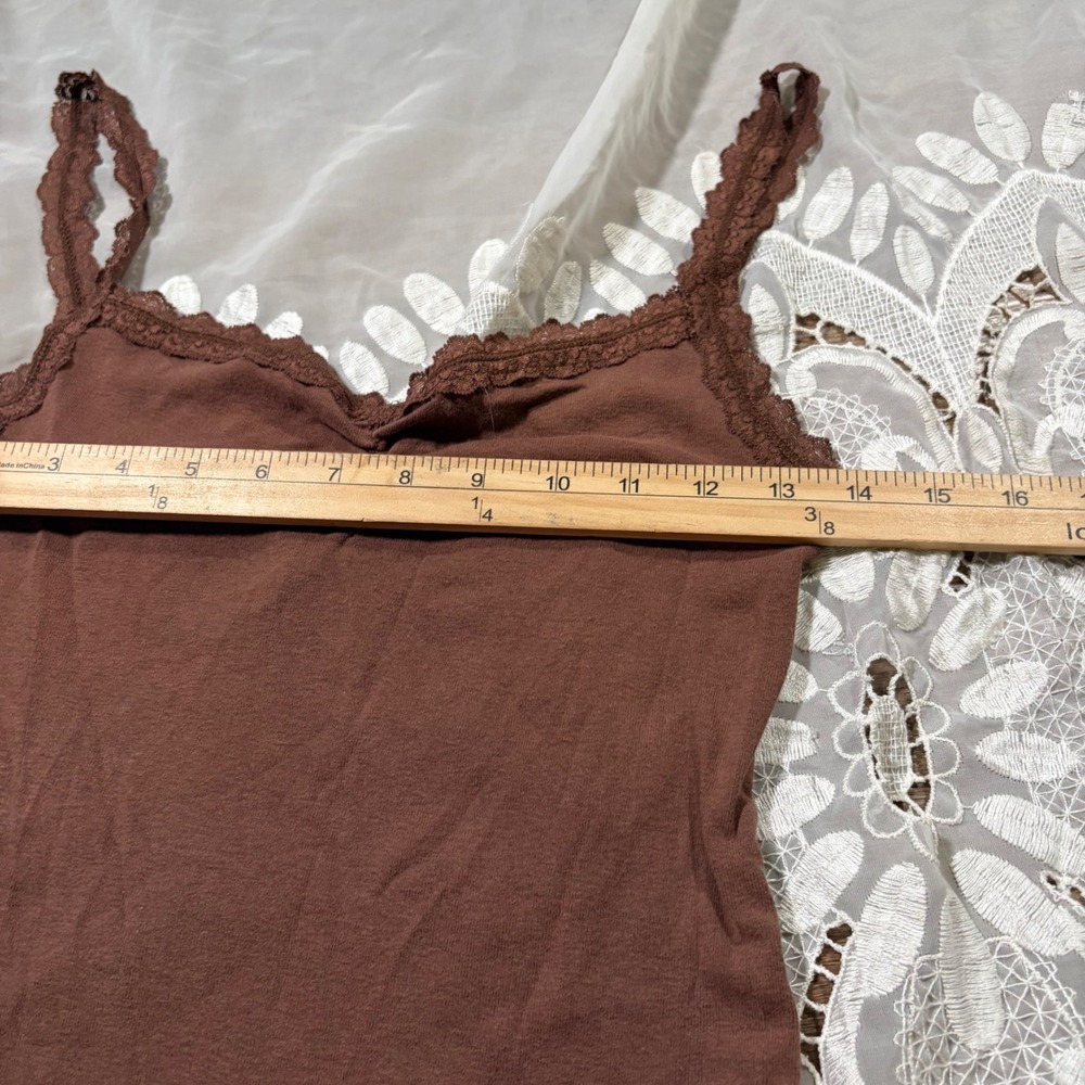 Y2K Bella Swan Chocolate Brown Lace Trim Cotton Camisole Cinched Bust Tank Top M - Picture 4 of 5